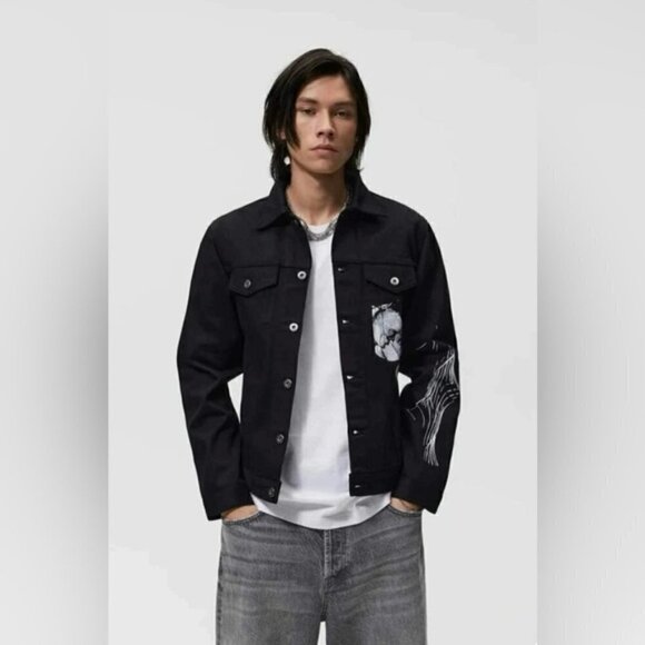 🩷 Zara - Men's Printed Denim Jacket, Special Edition - Black. Size: S-M. NWT. - Picture 5 of 14